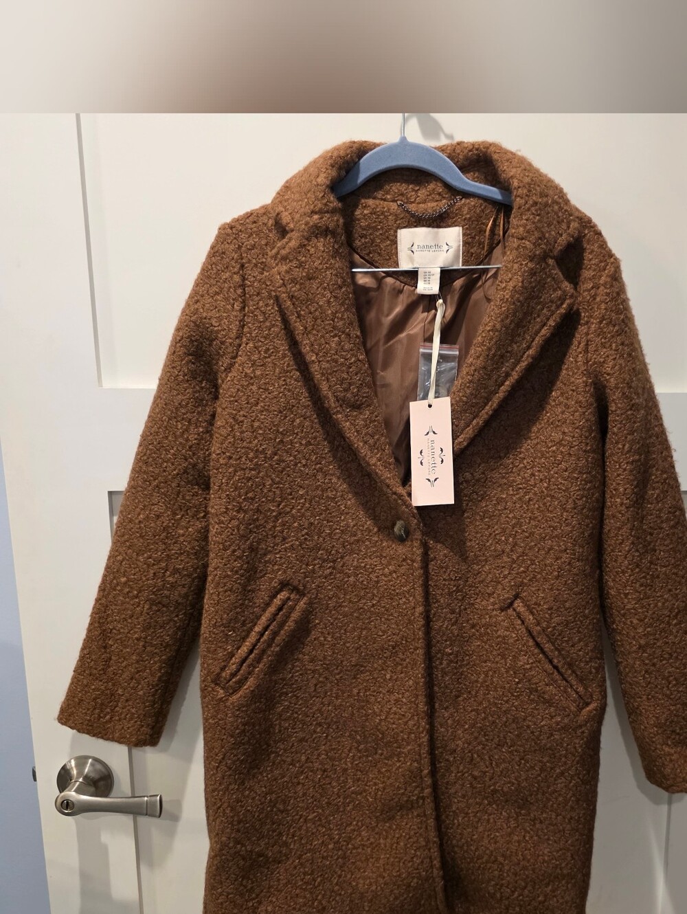New Nanette Lepore Women's Bouclé Teddy Coat Long Brown Single Button Sz XS